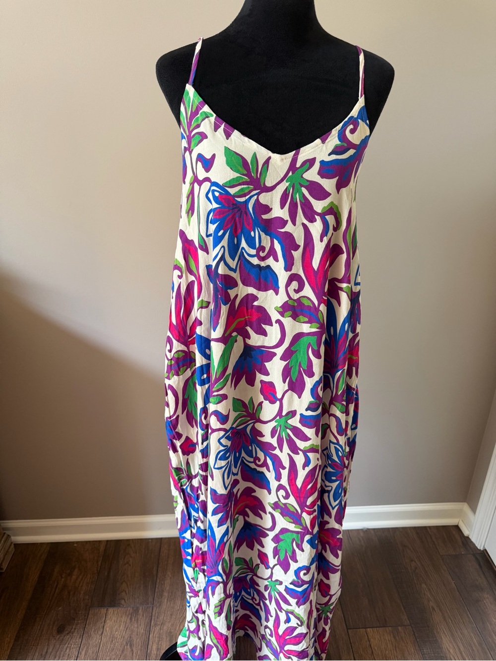eesome Cream Maxi Dress with Pink, Purple, Blue & Green Floral Print